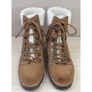 Marc Fisher Boots Isabel Leather Lug Sole Lace Up Brown Suede Shearling Cuff 9